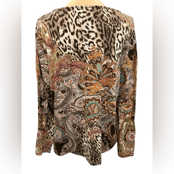 Chico's Women’s Brown Paisley Floral Leopard Print Long Sleeve Knit Top - Size 3 - Picture 4 of 11